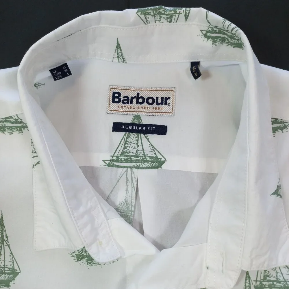 Barbour Shield Shirt Mens L Large UK: XL Sailboat Print White Green MSH4967 EUC